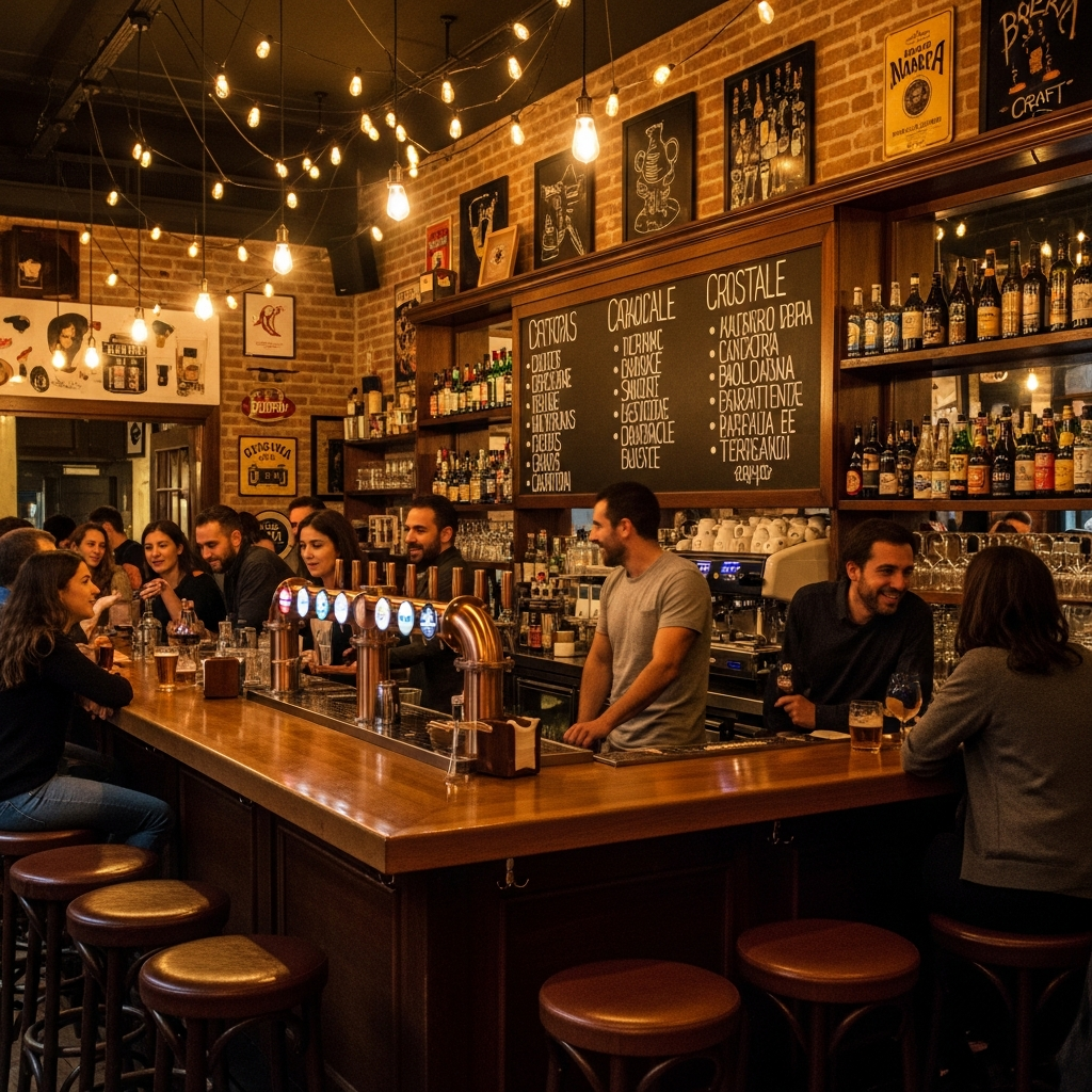 warm welcoming craft bar interior evening golden light bar stools inviting atmosphere Malasaña Madrid