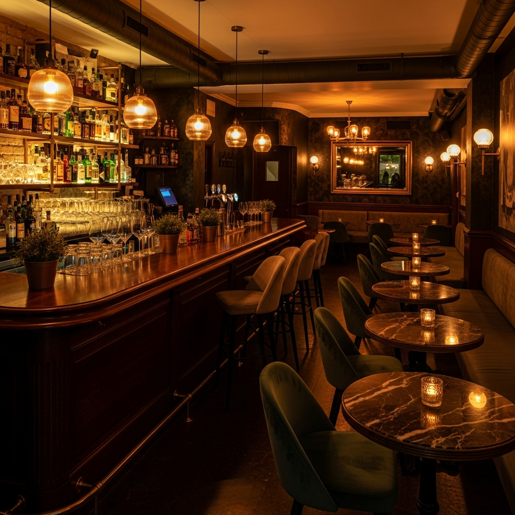 cozy bar interior warm amber lights empty ready for event evening Madrid Malasaña