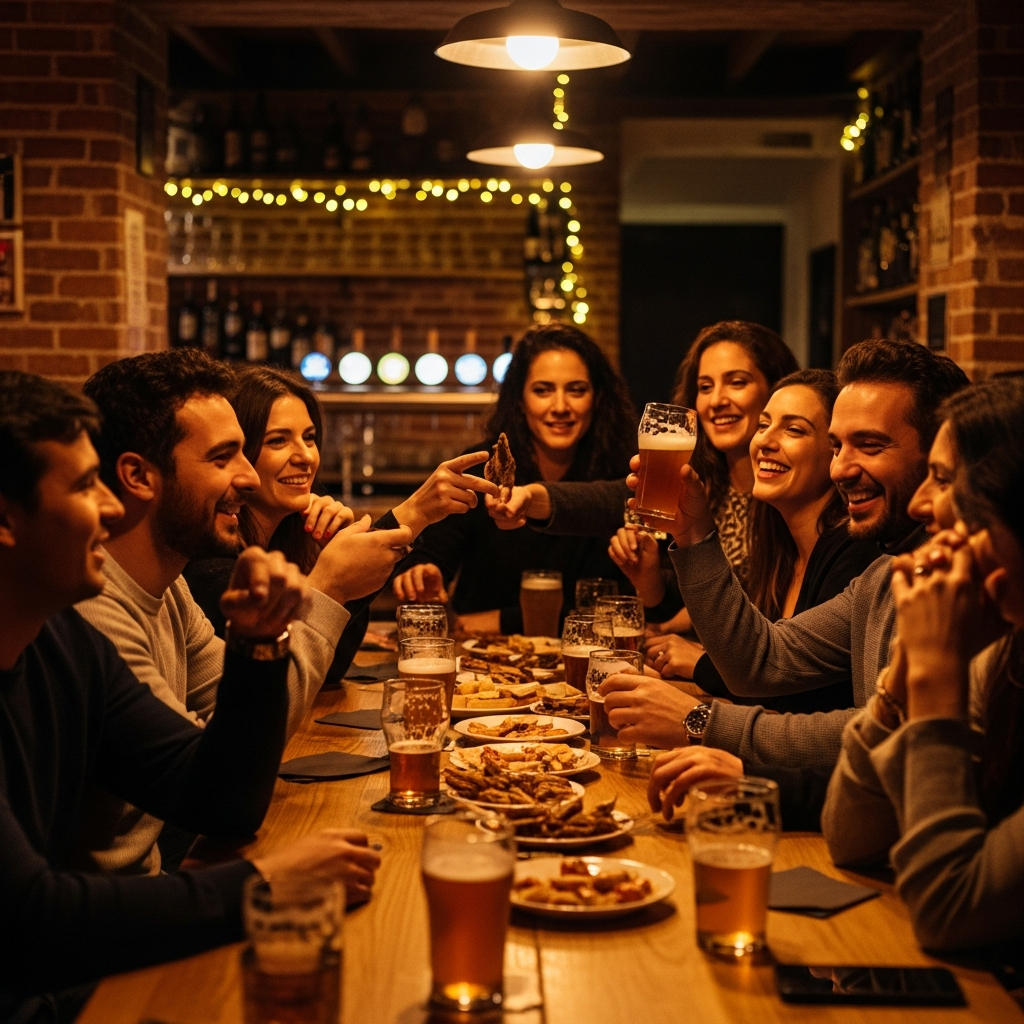 private event in craft beer bar Malasaña Madrid warm amber lights group celebration friends laughing