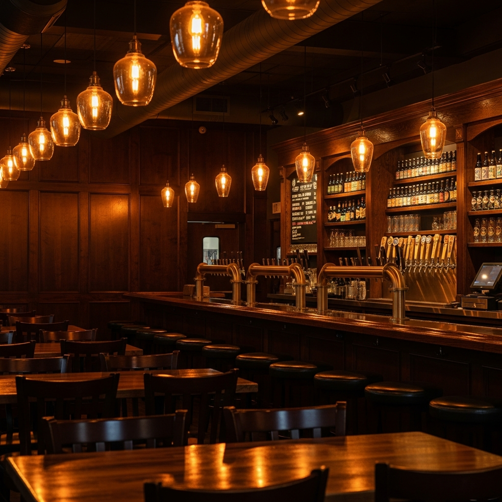 craft beer taproom interior dark wood warm amber lights empty ready for evening event