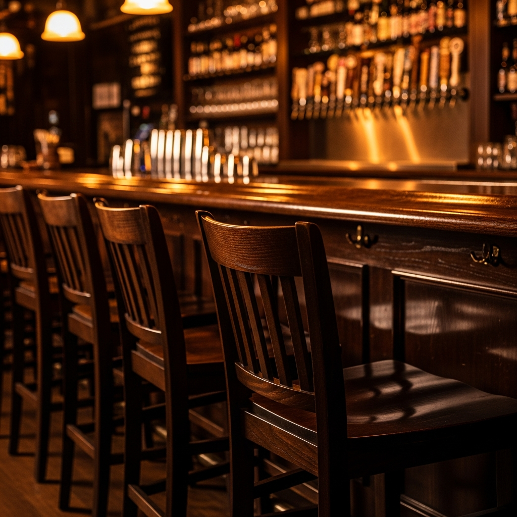 craft beer bar interior warm amber lighting dark wood stools close up