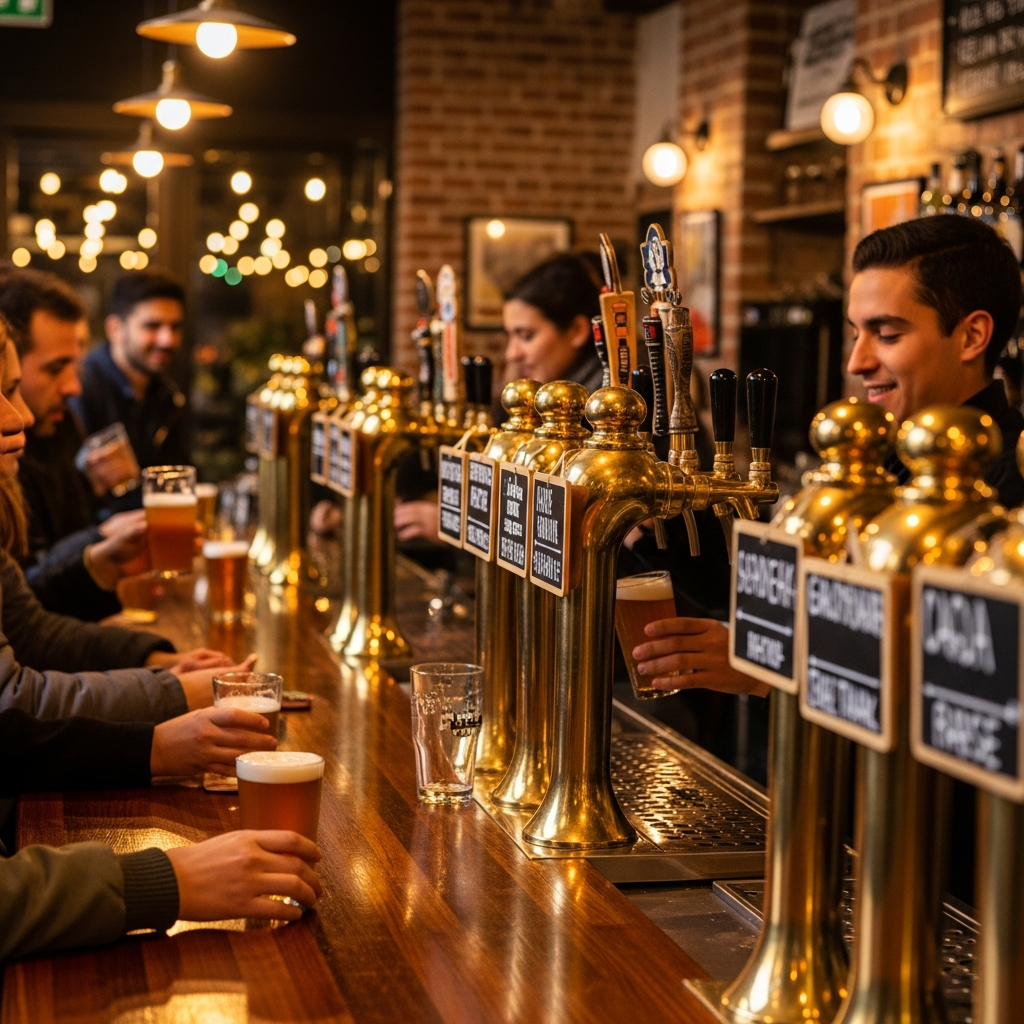 taproom bar counter dark wood craft beer taps golden evening light Madrid