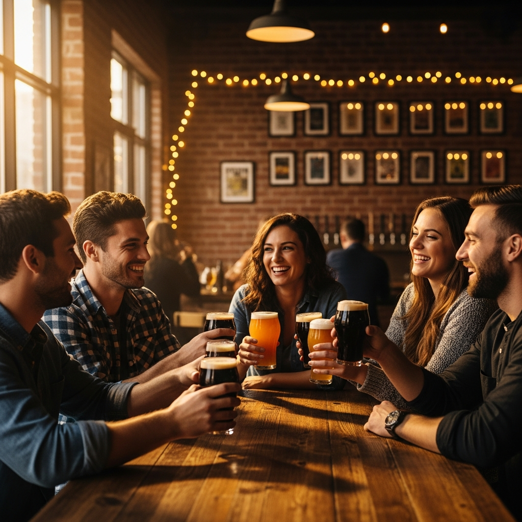 group of friends at bar table craft beers laughing warm evening light