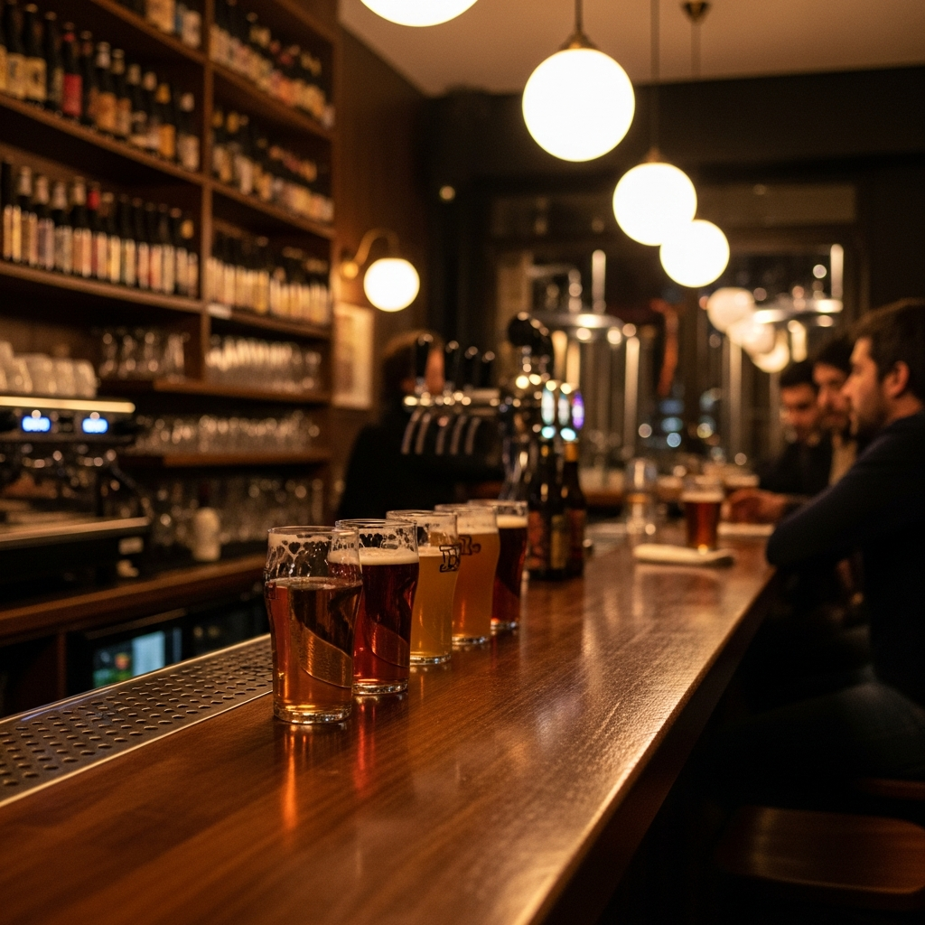 warm craft beer taproom bar interior Malasaña Madrid, amber lighting, dark wood, pint glasses on bar, inviting atmosphere, evening
