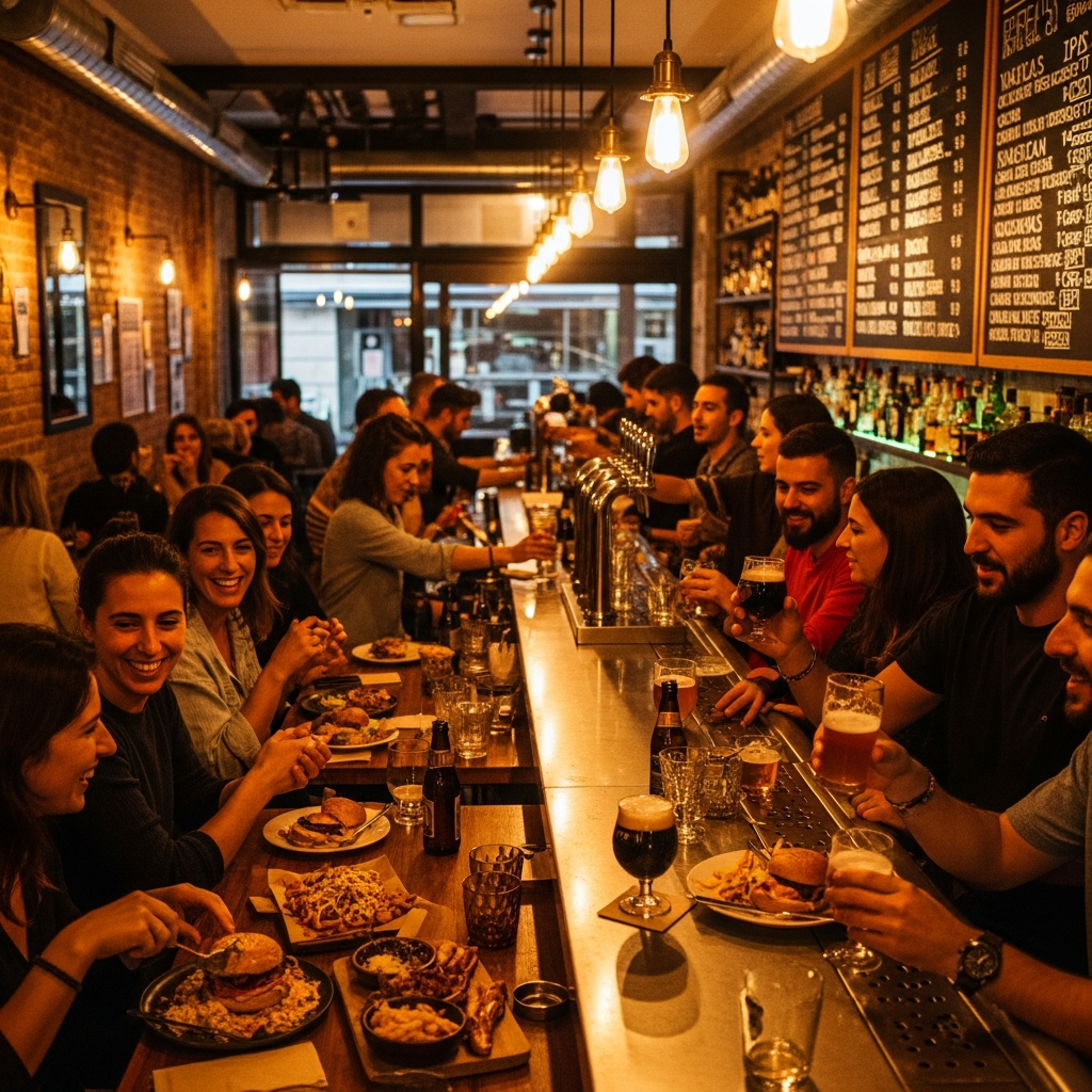 busy craft beer bar evening friends eating and drinking warm amber glow Malasaña