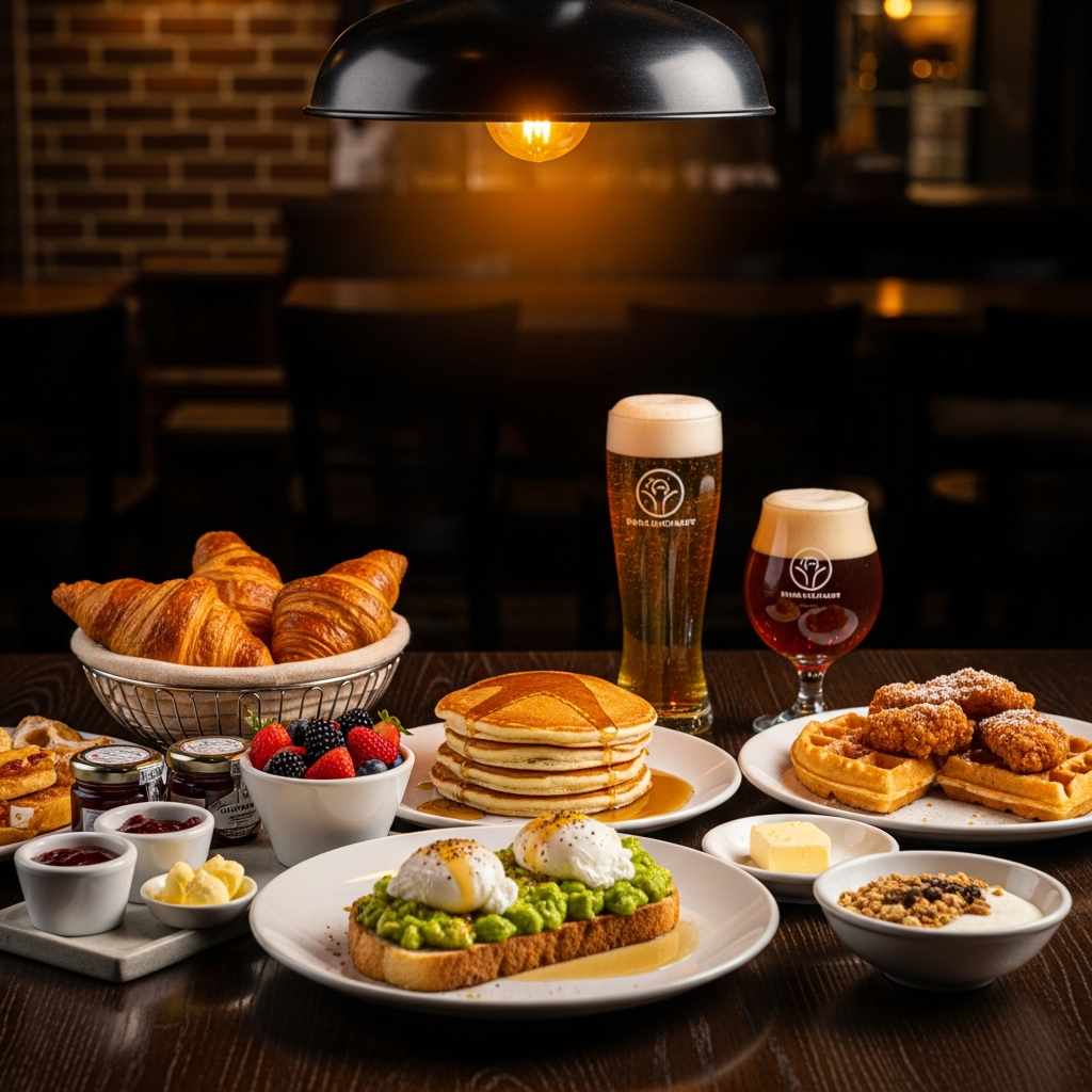 craft beer and brunch spread on dark wood table bar setting warm amber light overhead