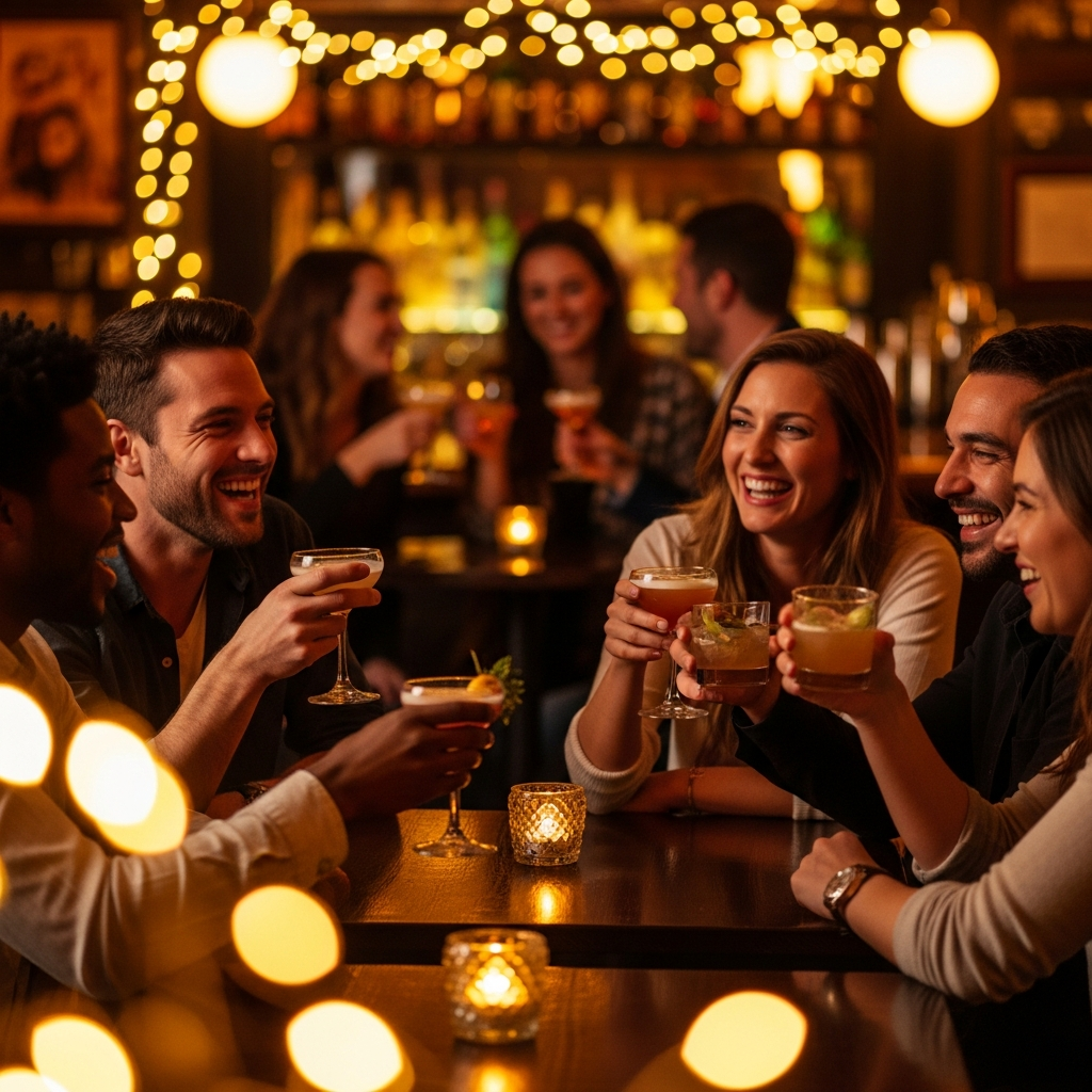 warm intimate bar private event celebration friends laughing amber lighting