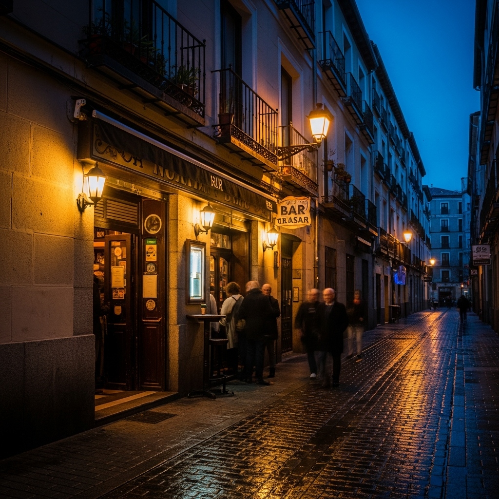 Madrid Malasaña neighbourhood street at night warm bar lights inviting entrance